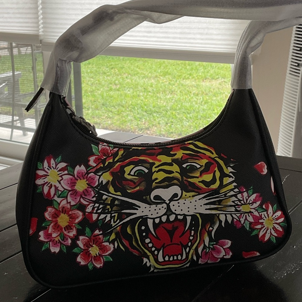 Ed Hardy Black Shoulder Bag with Floral Tiger Design